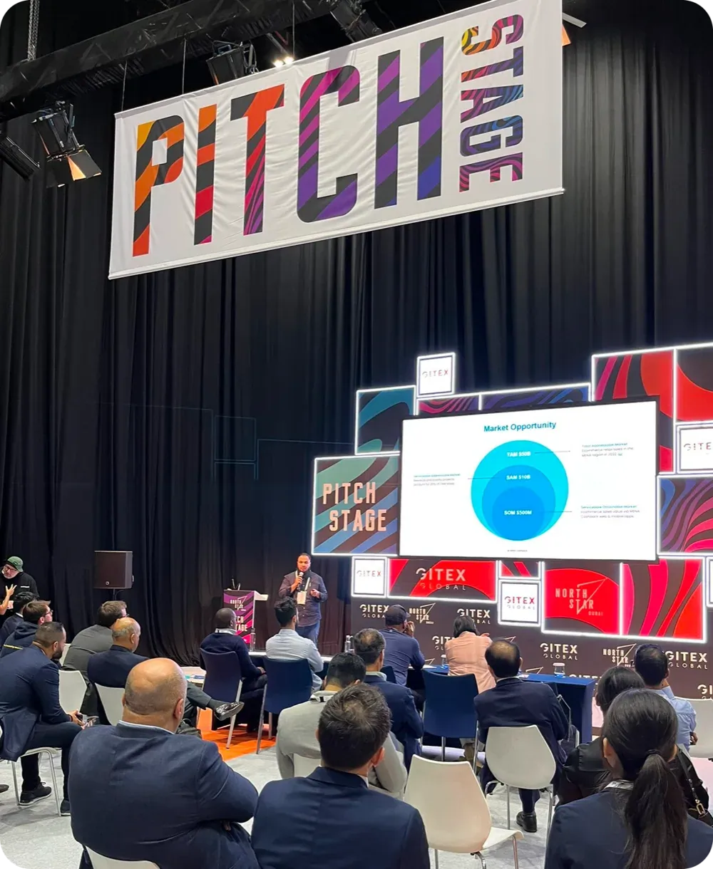 Founders pitching to investors at the GITEX pitch stage