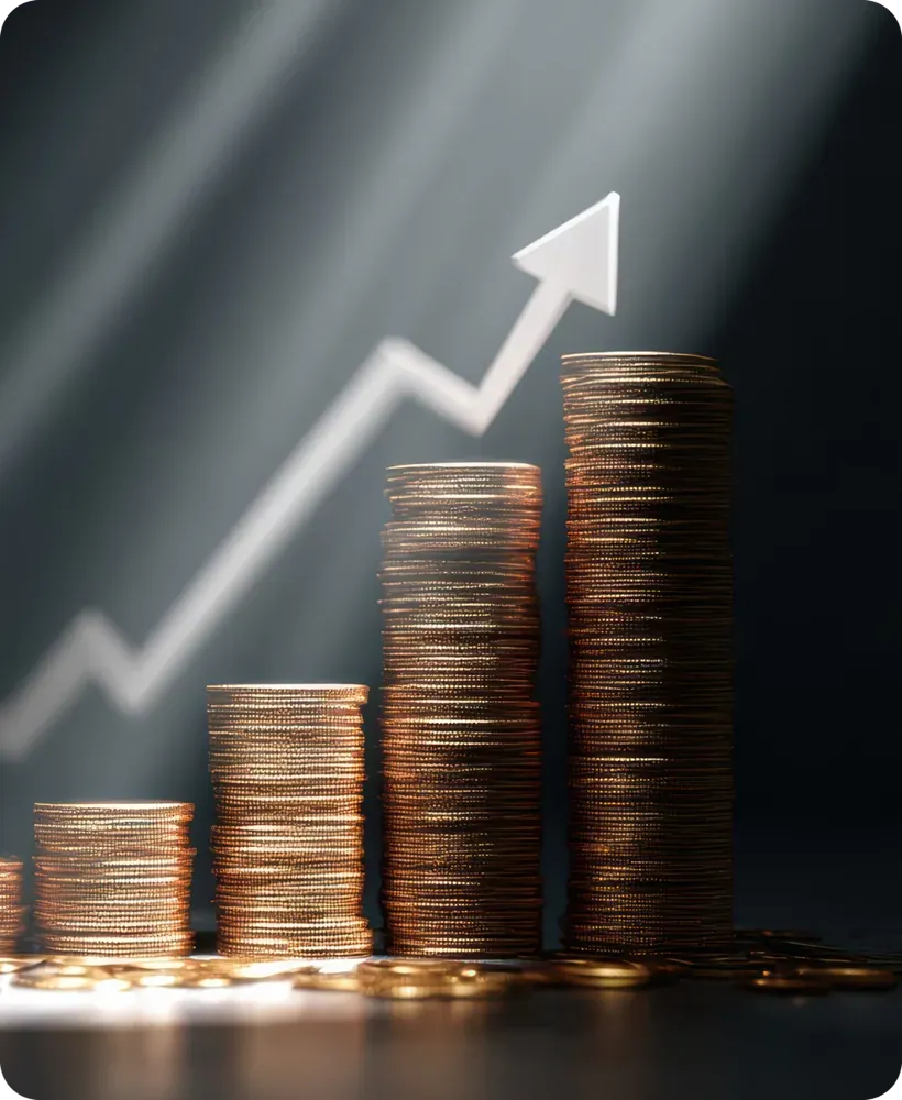 Stacks of coins with growth graph